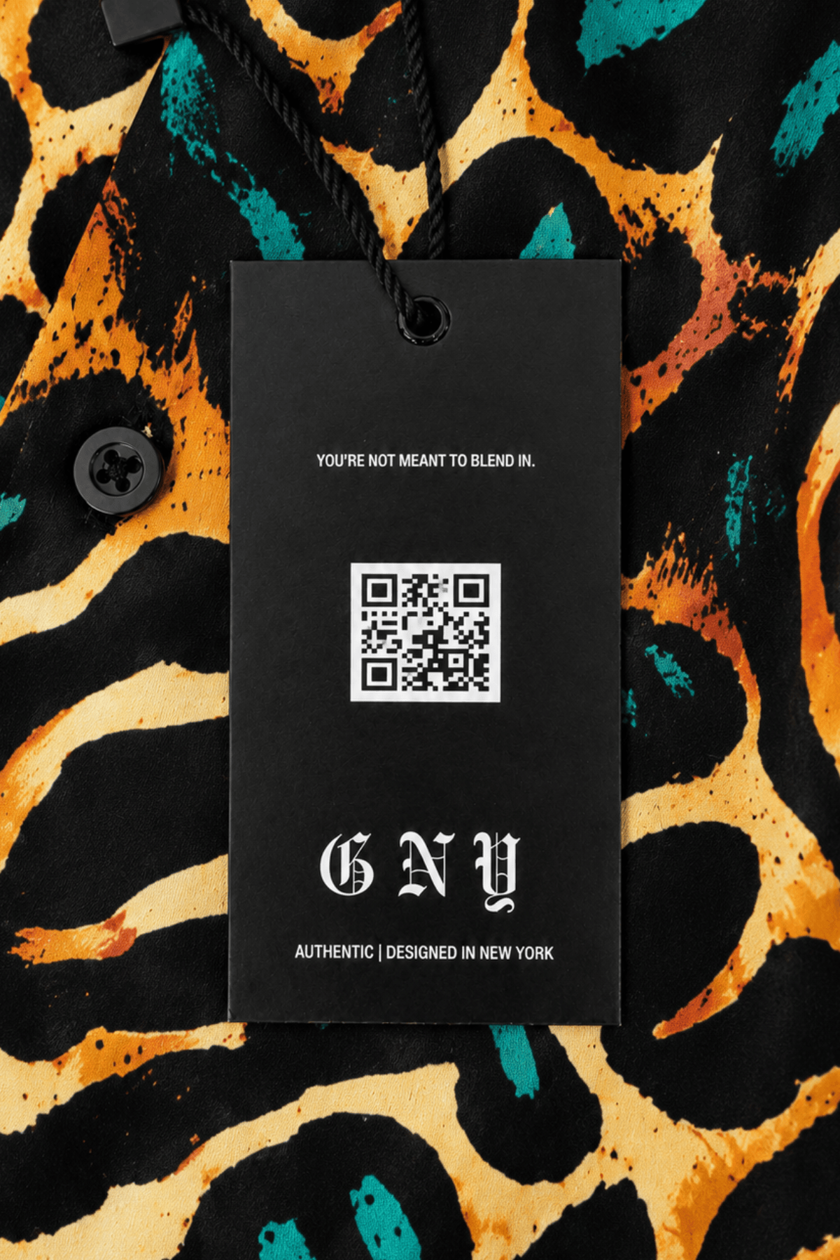 Men's Leopard Print Tailored Fit Satin Dress Shirt Viridian Leopard by Gerardo New York (GNY) Hanging Tag