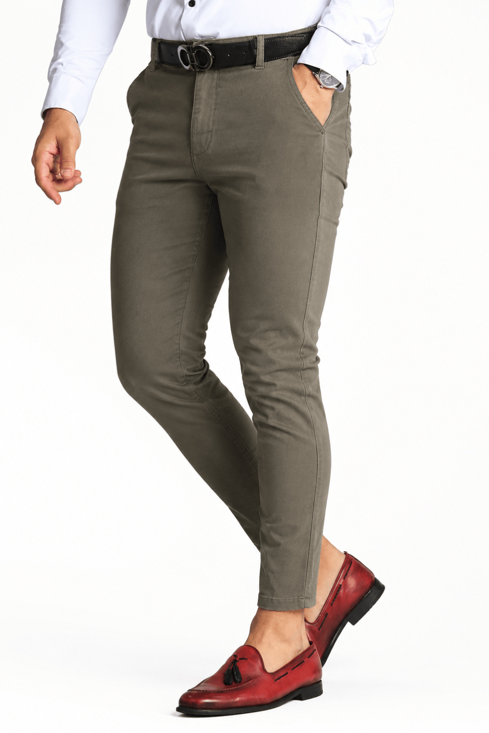 Men’s Olive Green Tailored Fit Dress Pants by Gerardo New York (GNY) Model Front Full View