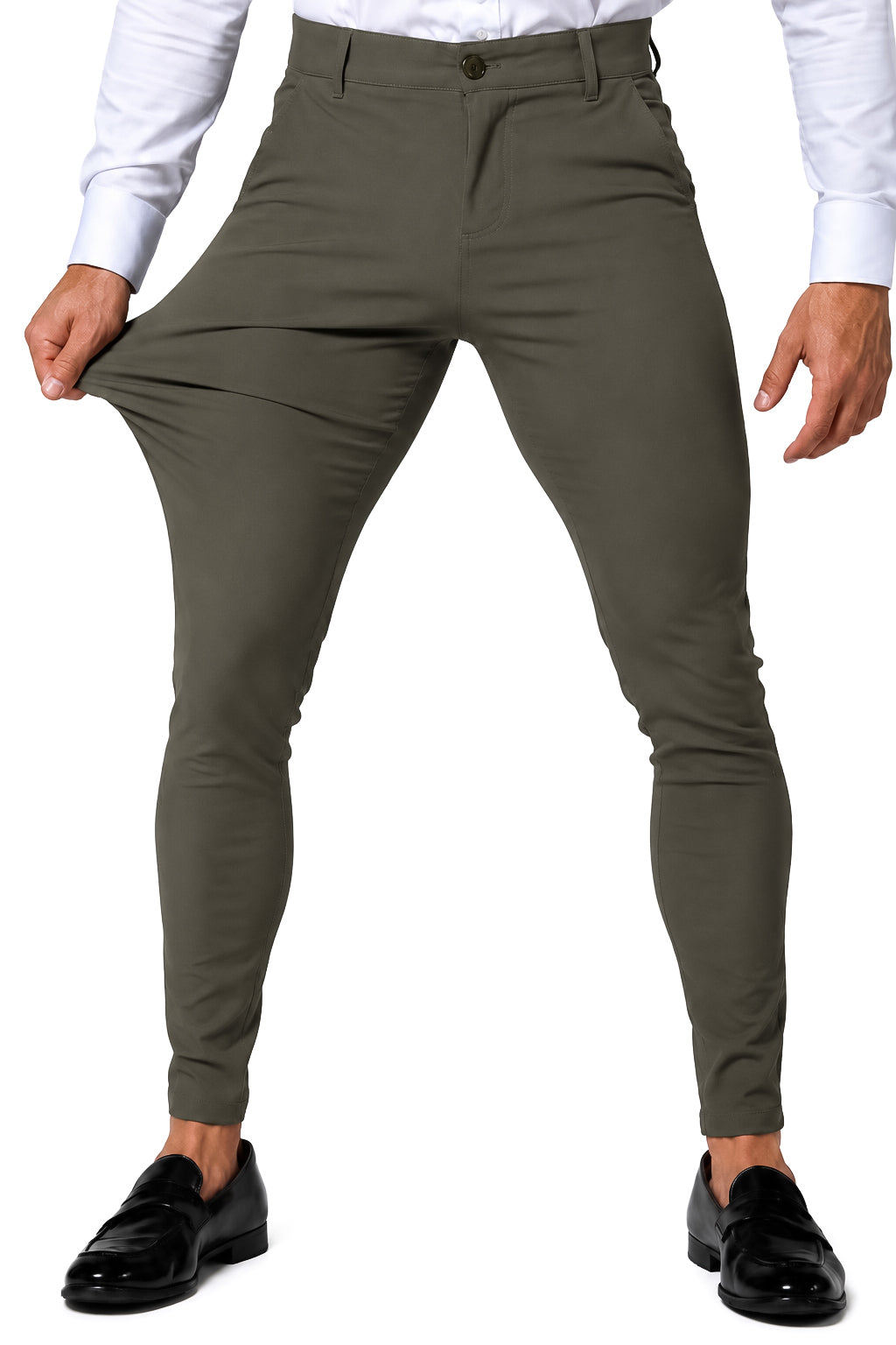 Men's Olive Green Tailored Slim Fit Dress Pants Stretch Fabric Detail