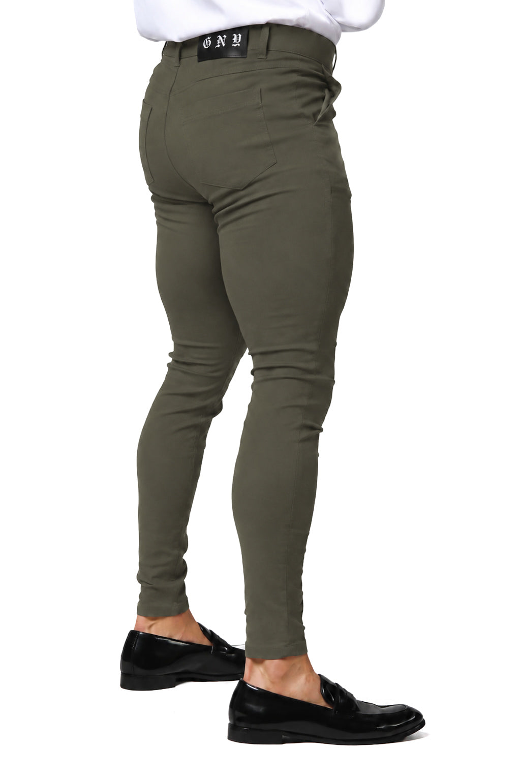 Men's Olive Green Tailored Slim Fit Dress Pants Model Back View
