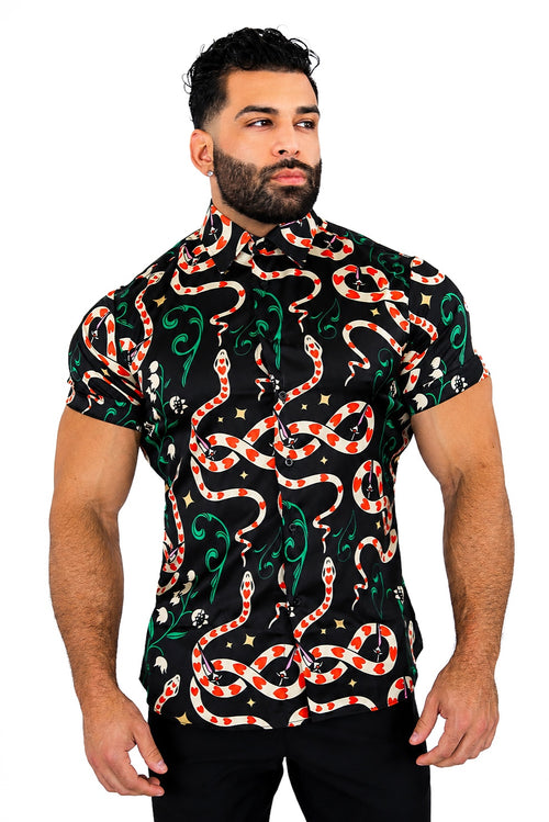 Men's Red Snake Print Dress Shirt Tailored Fit Crimson Serpent