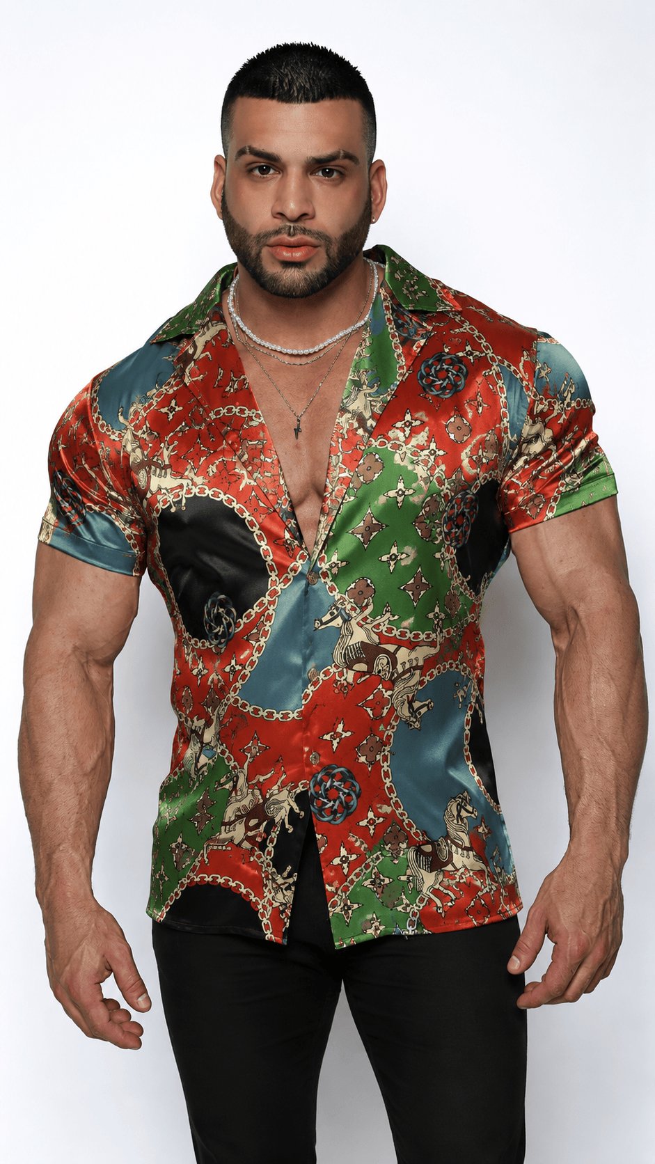 Men's Short Sleeve Tailored Fit Satin Dress Shirt Crown Circuit by Gerardo New York (GNY)