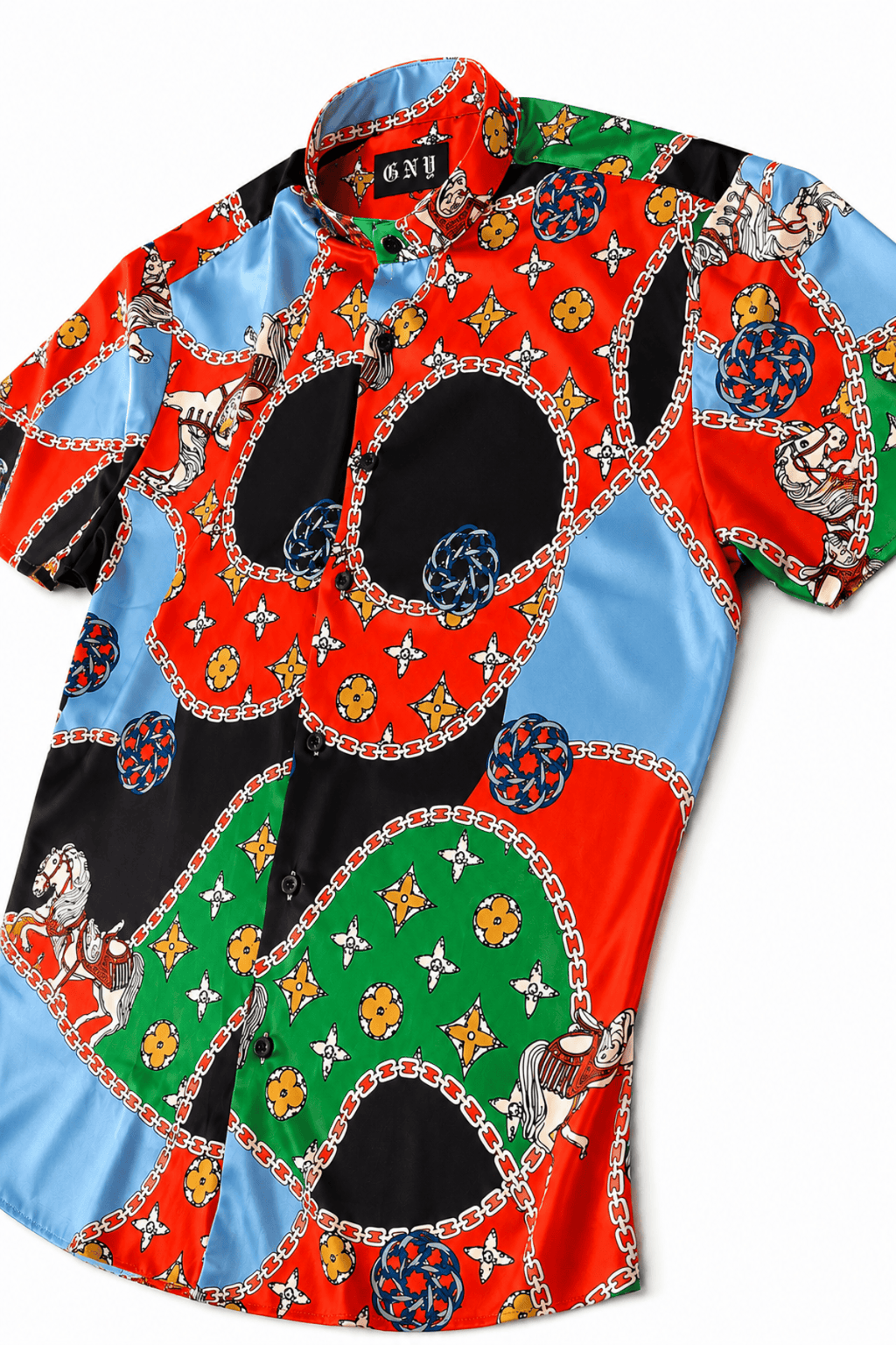 Men's Short Sleeve Tailored Fit Satin Dress Shirt Crown Circuit by Gerardo New York (GNY) Angle View