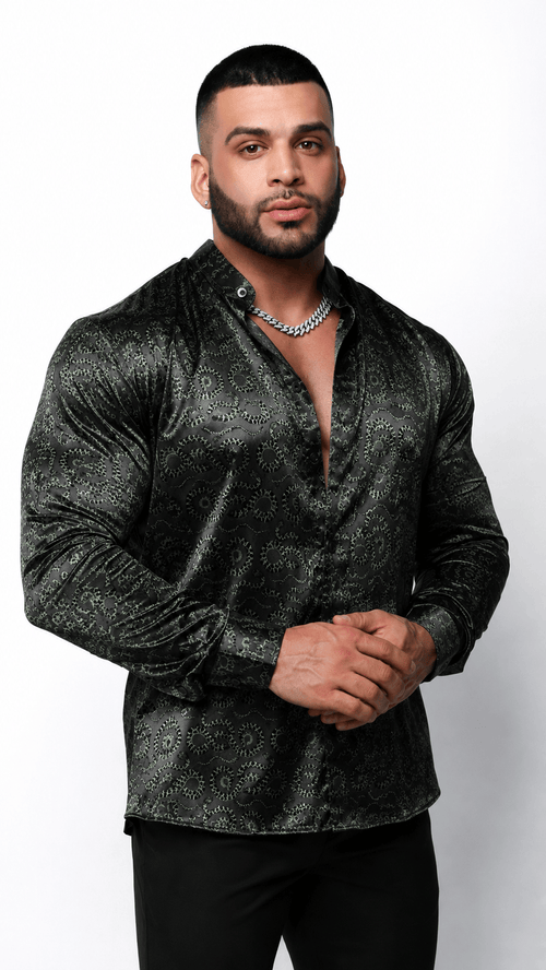 Men's Snake Print Tailored Fit Satin Dress Shirt  Midnight Serpent by Gerardo New York (GNY)