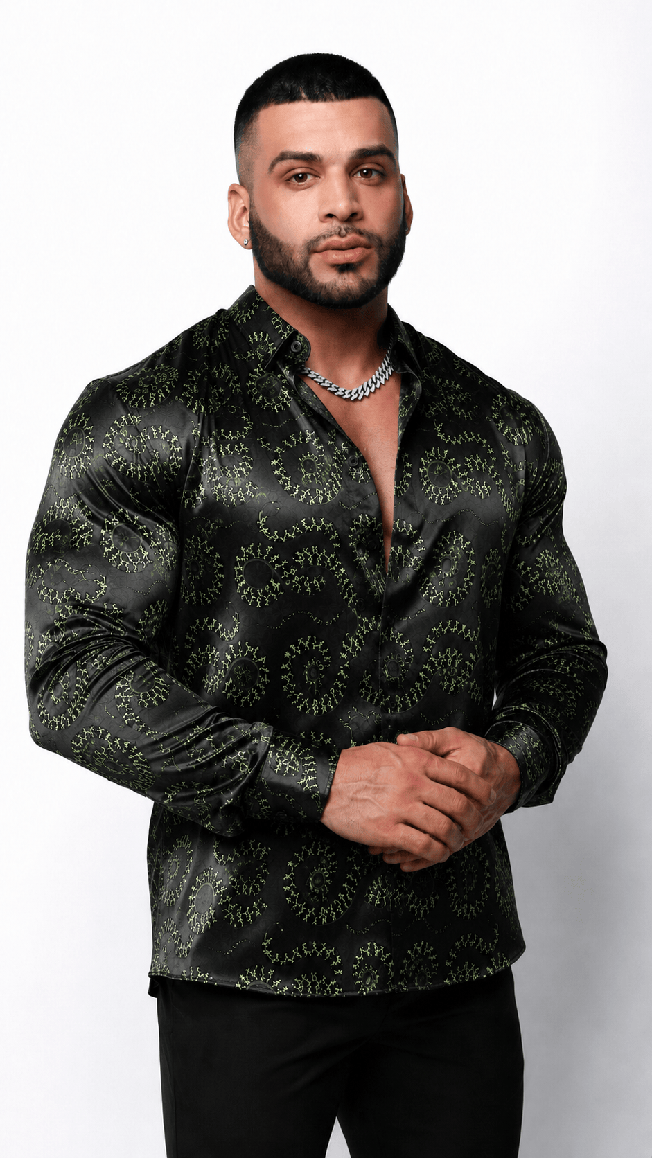 Men's Snake Print Tailored Fit Satin Dress Shirt  Midnight Serpent by Gerardo New York (GNY)