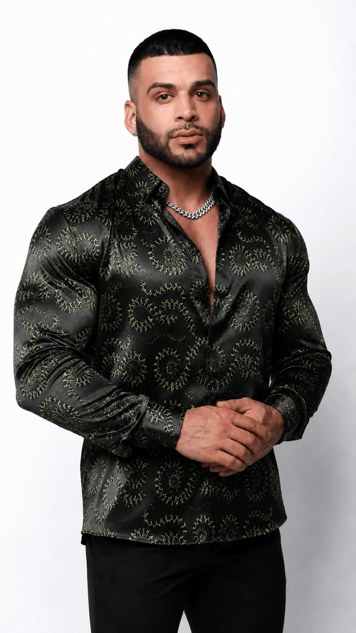 Men's Snake Print Tailored Fit Satin Dress Shirt  Midnight Serpent by Gerardo New York (GNY)