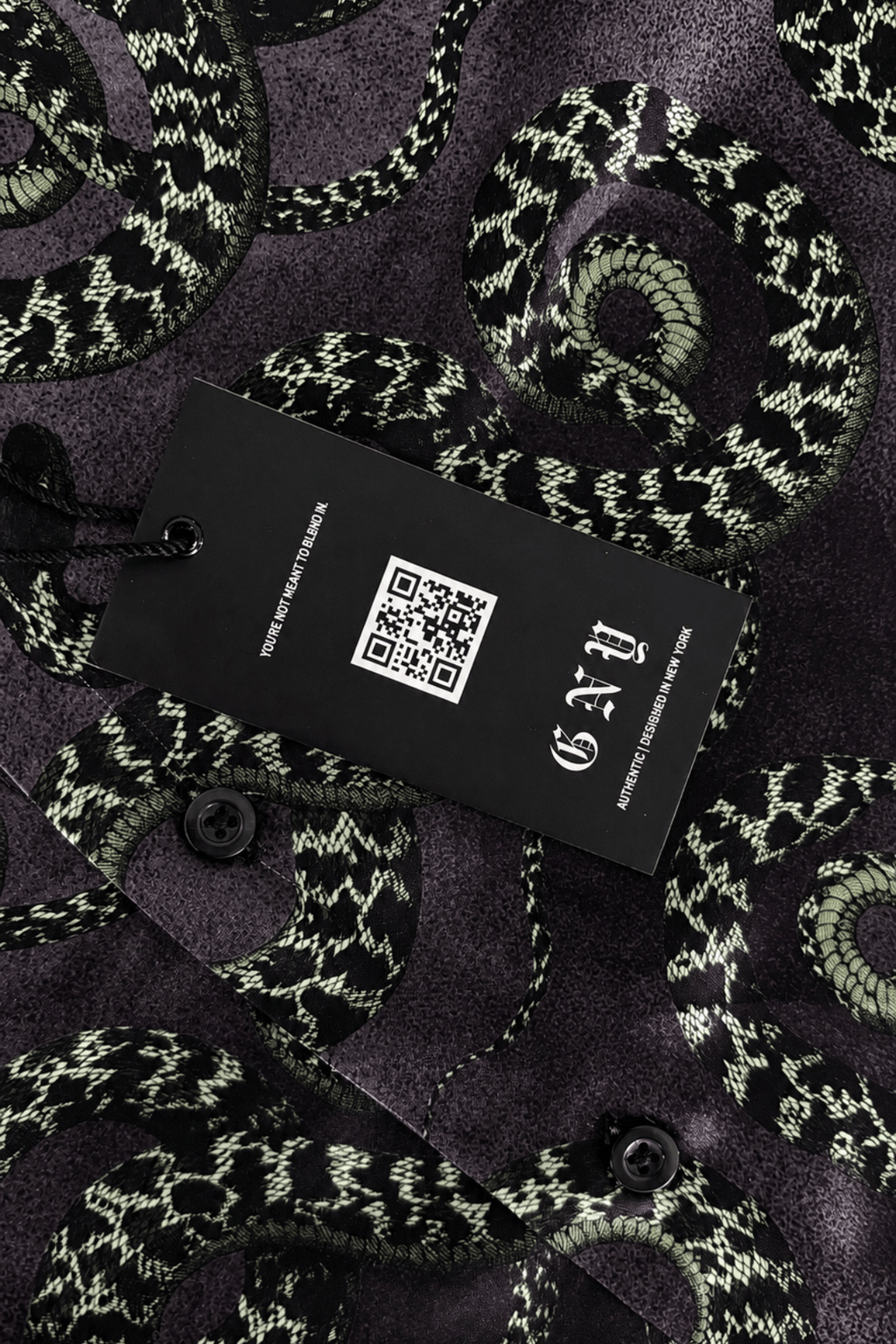 Men's Snake Print Tailored Fit Satin Dress Shirt  Midnight Serpent by Gerardo New York (GNY) Hanging Tag