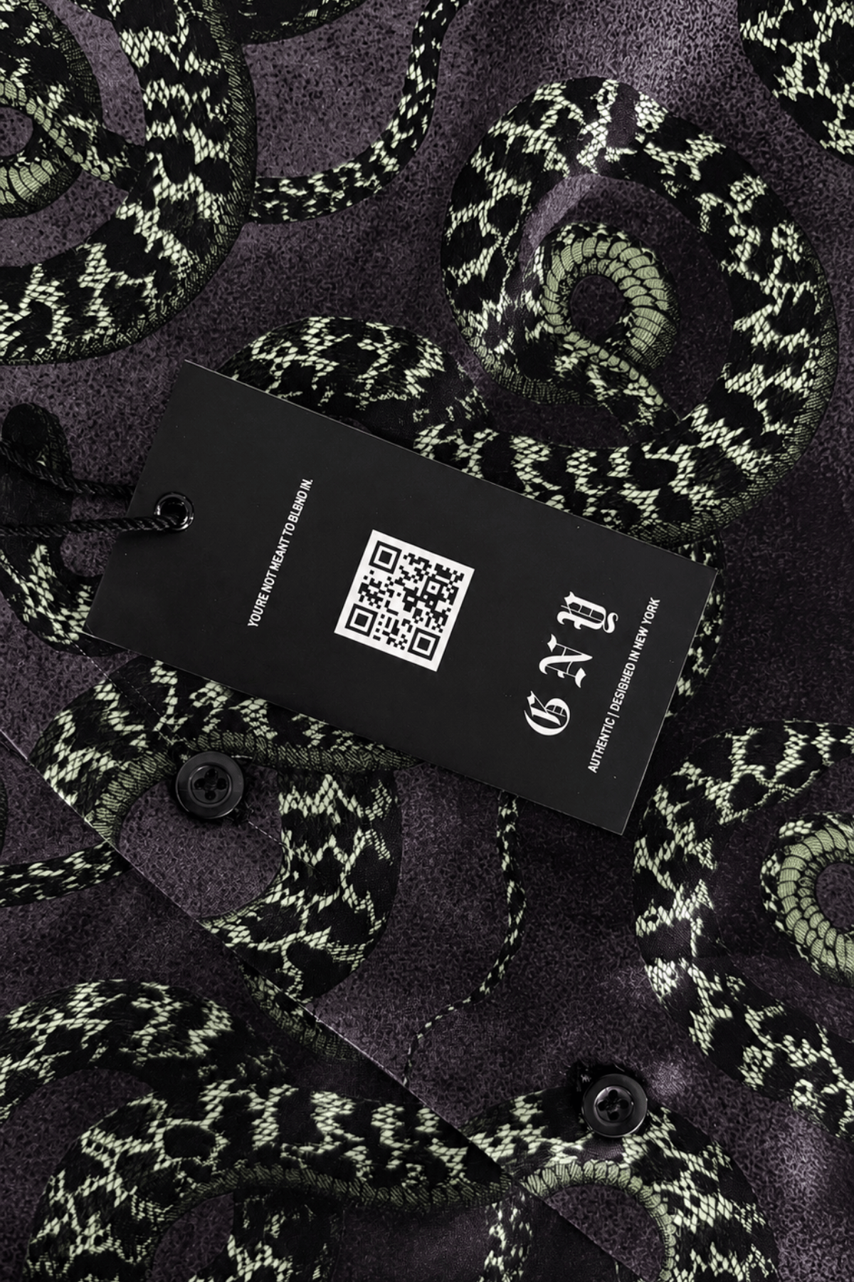Men's Snake Print Tailored Fit Satin Dress Shirt  Midnight Serpent by Gerardo New York (GNY) Hanging Tag