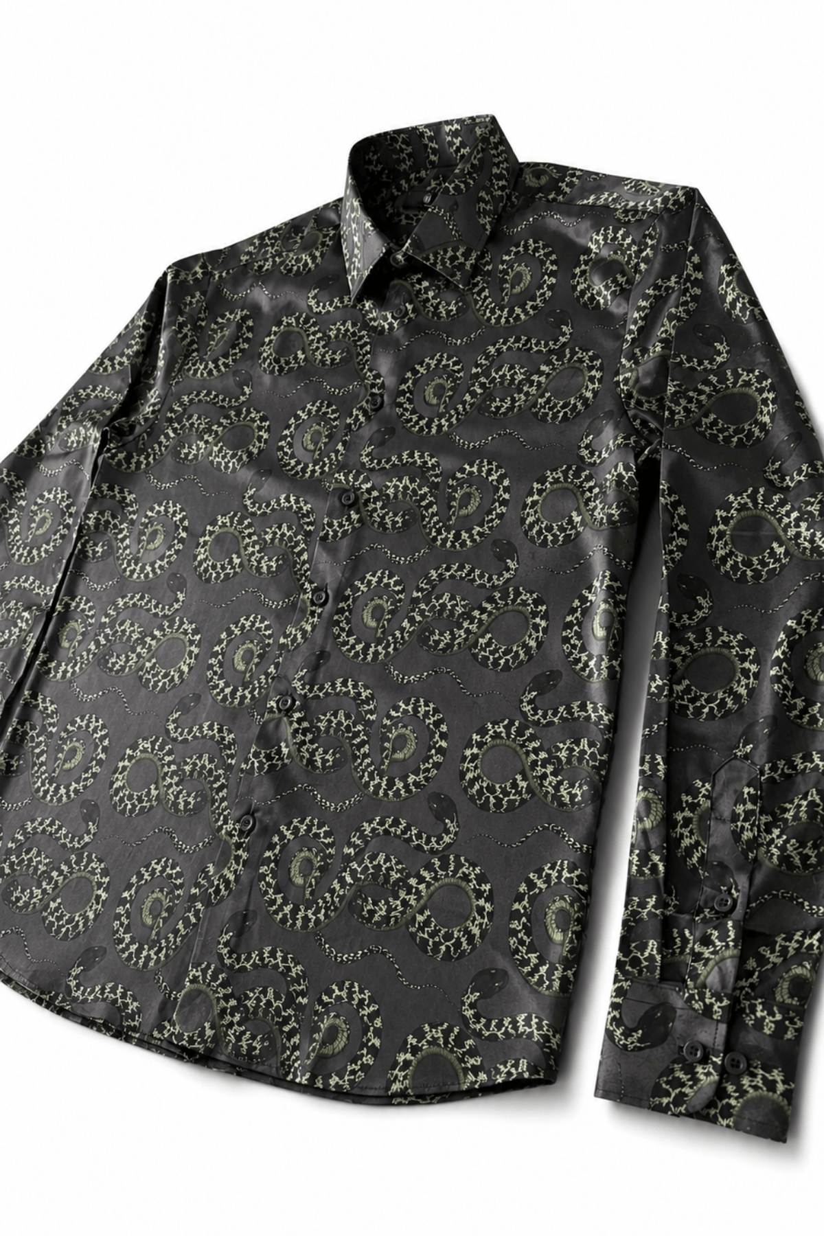 Men's Snake Print Tailored Fit Satin Dress Shirt  Midnight Serpent by Gerardo New York (GNY) Angle View