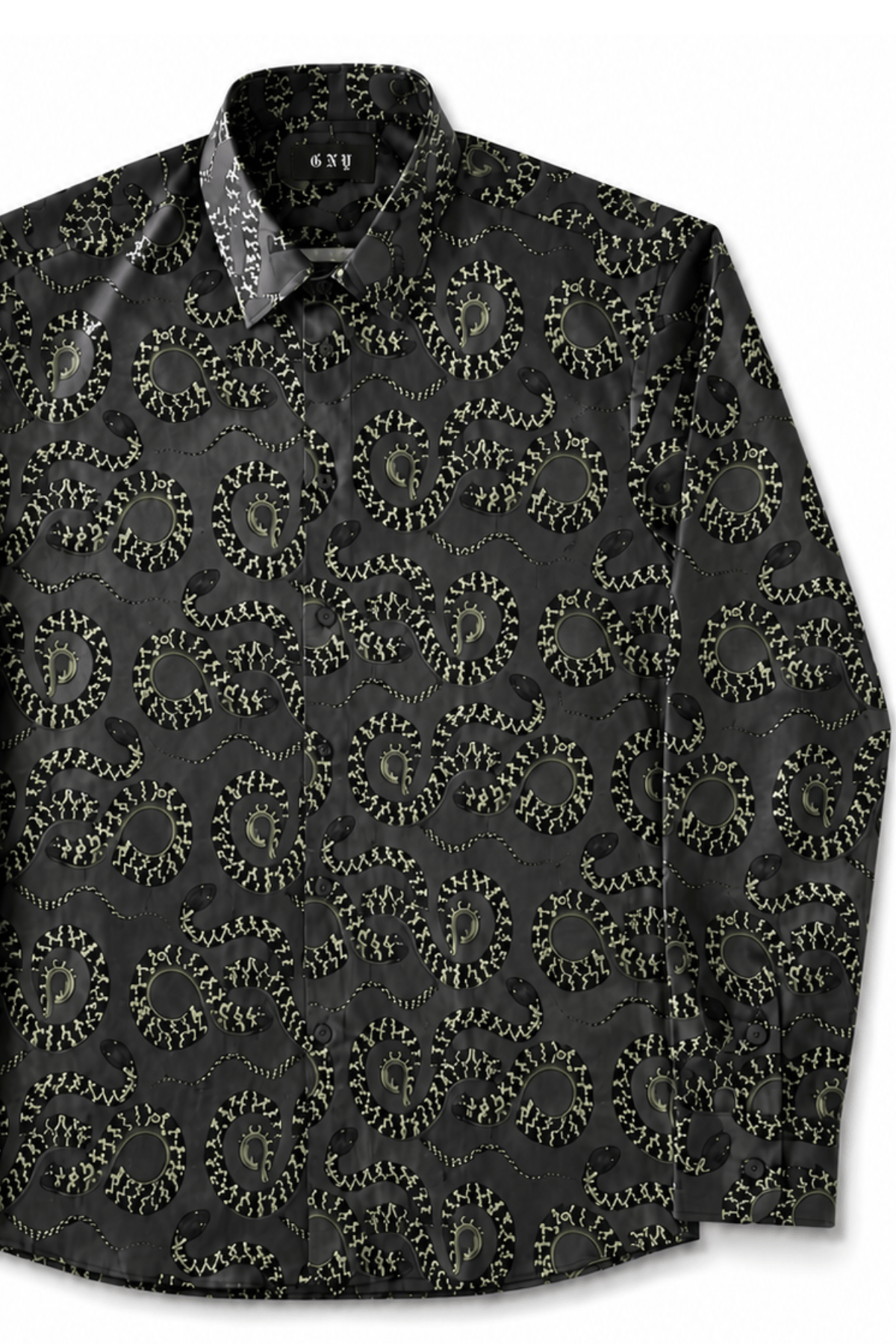 Men's Snake Print Tailored Fit Satin Dress Shirt  Midnight Serpent by Gerardo New York (GNY) Front View Left