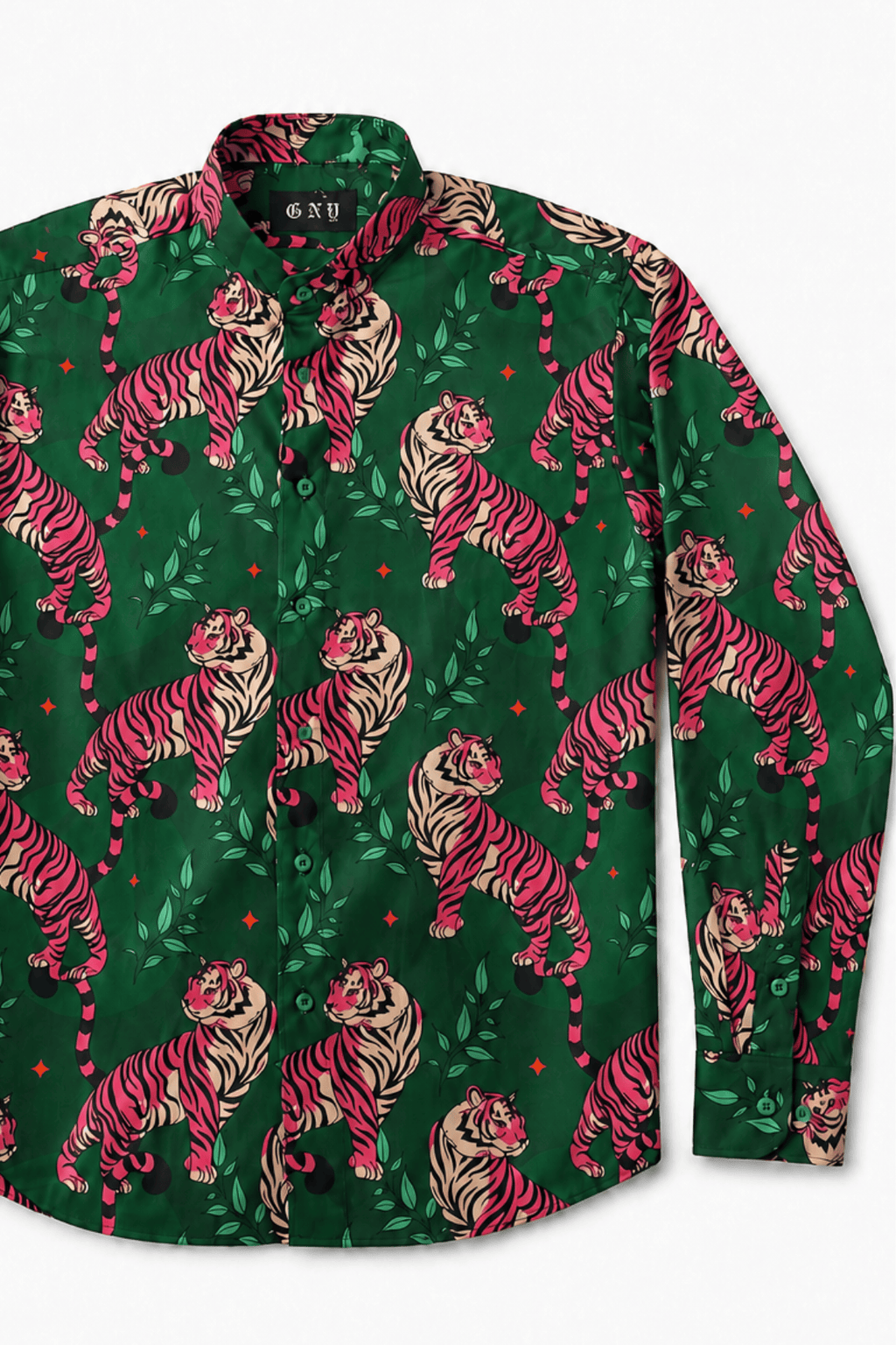 Men's Tiger Print Tailored Fit Satin Dress Shirt Soft Predator by Gerardo New York (GNY) Front View 1