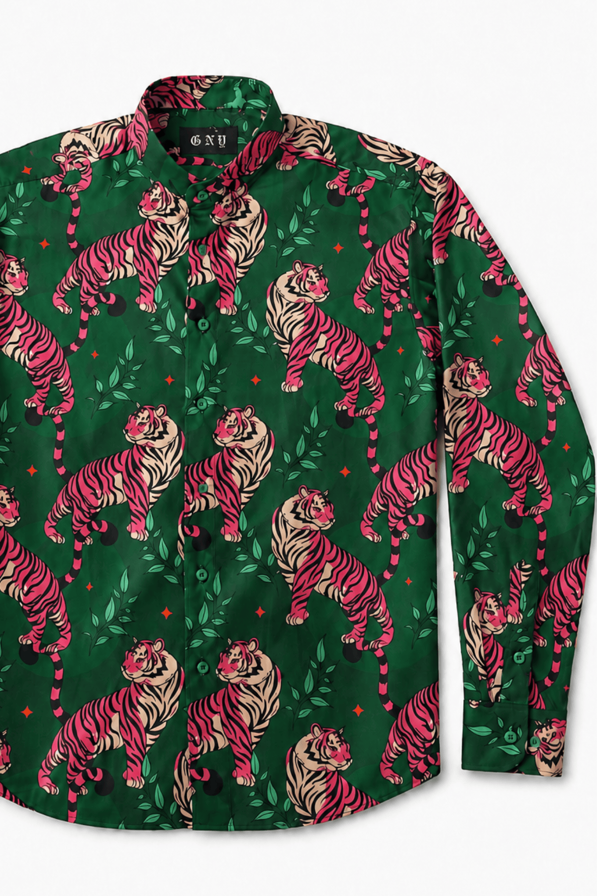 Men's Tiger Print Tailored Fit Satin Dress Shirt Soft Predator by Gerardo New York (GNY) Front View 1