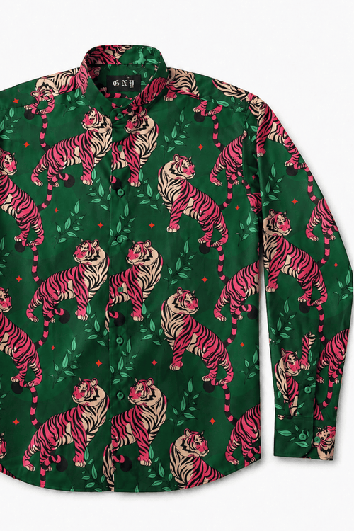 Men's Tiger Print Tailored Fit Satin Dress Shirt Soft Predator by Gerardo New York (GNY) Front View 1