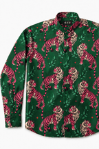 Men's Tiger Print Tailored Fit Satin Dress Shirt Soft Predator by Gerardo New York (GNY) Front View 2