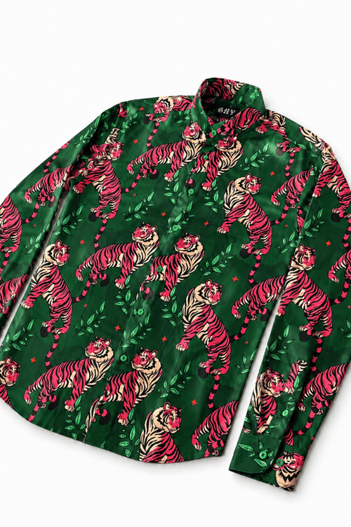 Men's Tiger Print Tailored Fit Satin Dress Shirt Soft Predator by Gerardo New York (GNY) Angle View