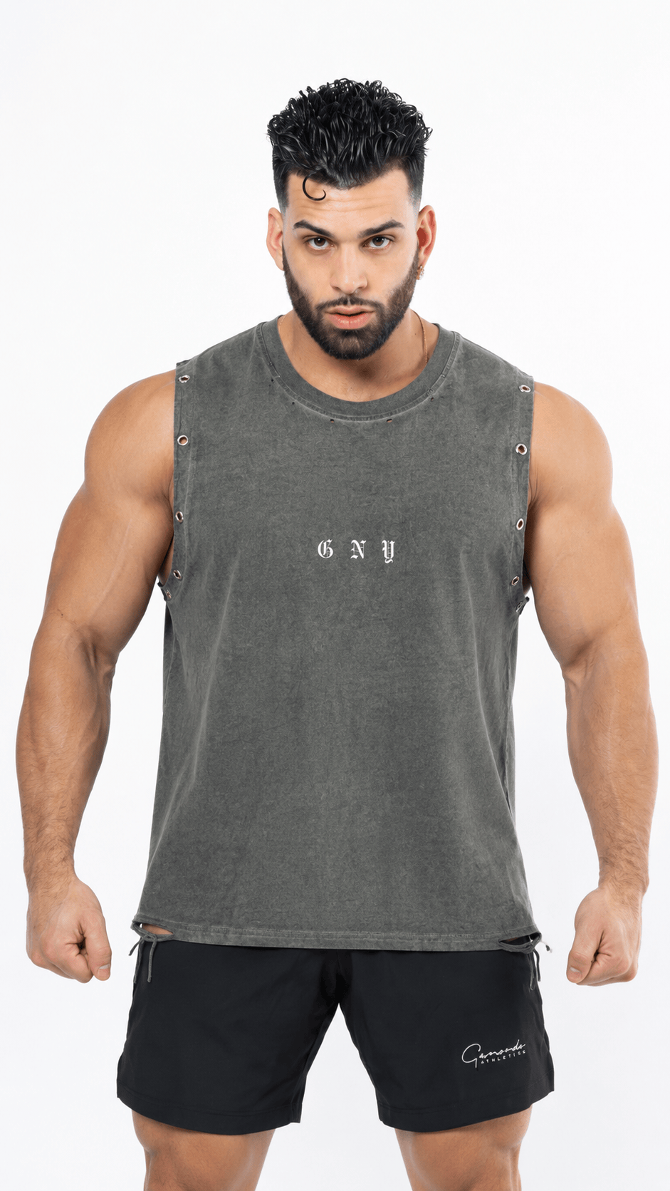 Men’s Vintage Washed Distressed Grey Tank Top Fracture by Gerardo New York (GNY)