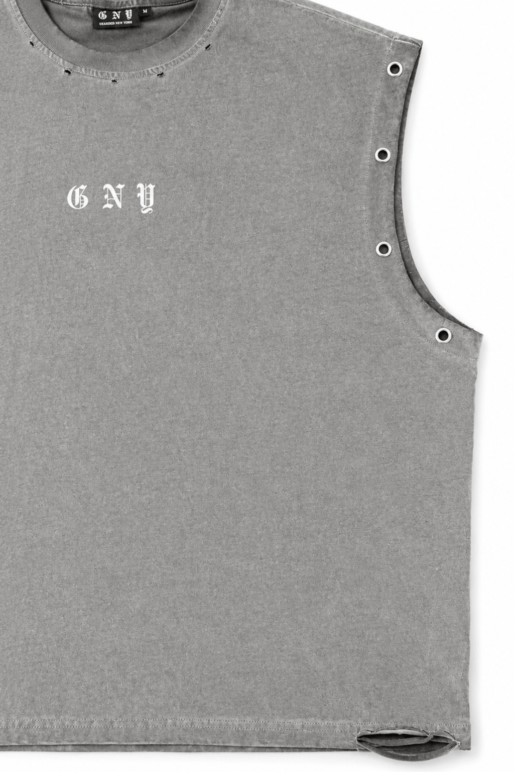 Men’s Vintage Washed Distressed Grey Tank Top Fracture By Gerardo New York (GNY) Front Right View Close Up