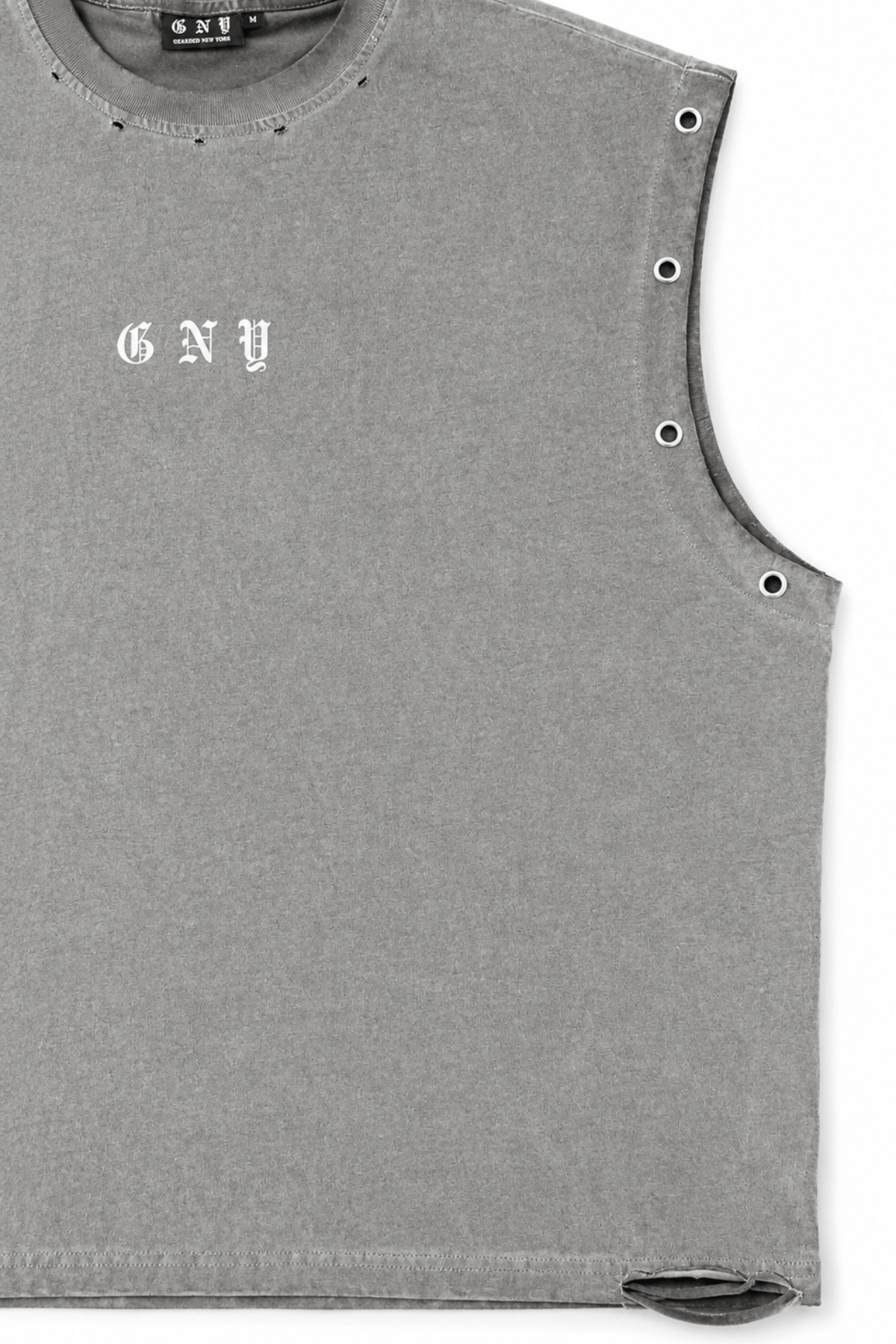Men’s Vintage Washed Distressed Grey Tank Top Fracture By Gerardo New York (GNY) Front Right View Close Up