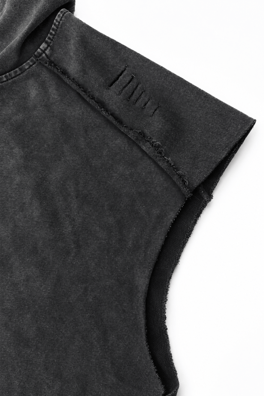 Men’s Washed Black Hooded Sleeveless Tank Weightless by Gerardo New York (GNY) Left Sleeve Distressed Close Up