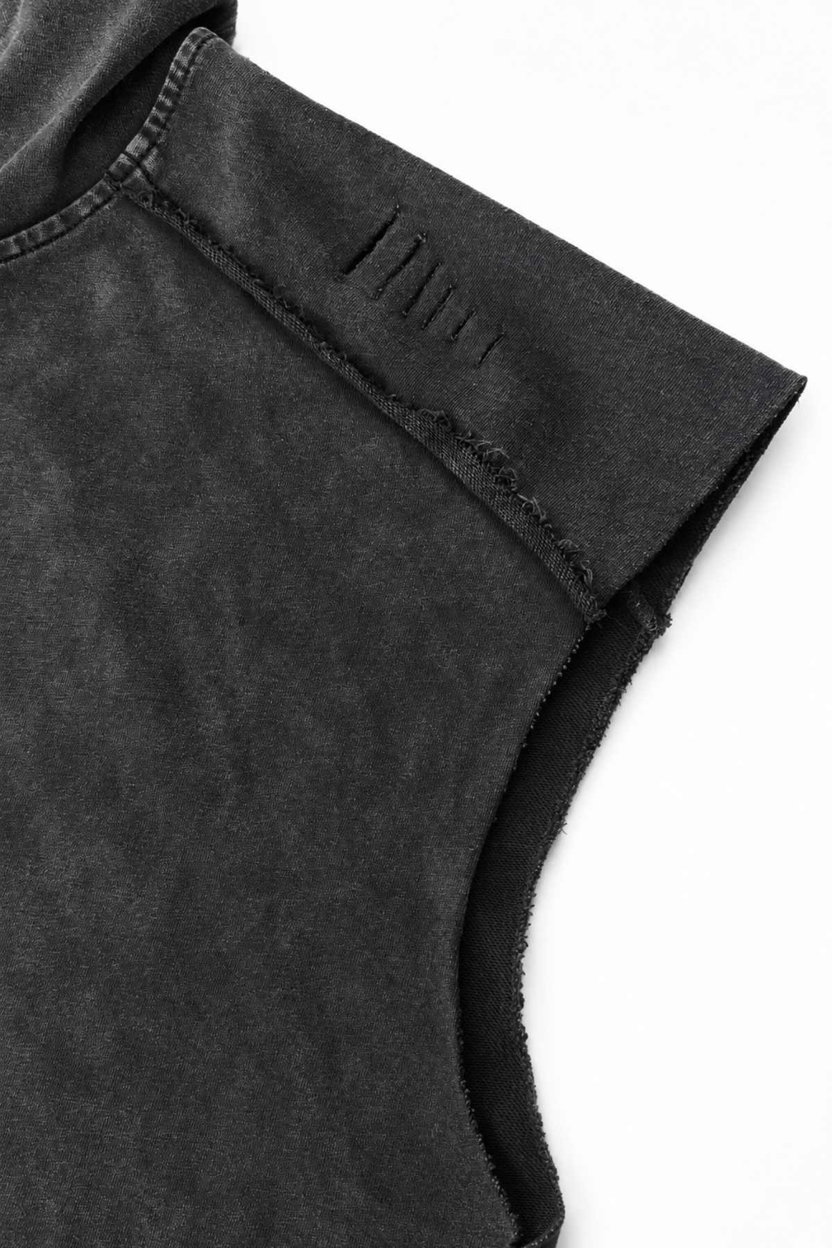 Men’s Washed Black Hooded Sleeveless Tank Weightless by Gerardo New York (GNY) Left Sleeve Distressed Close Up