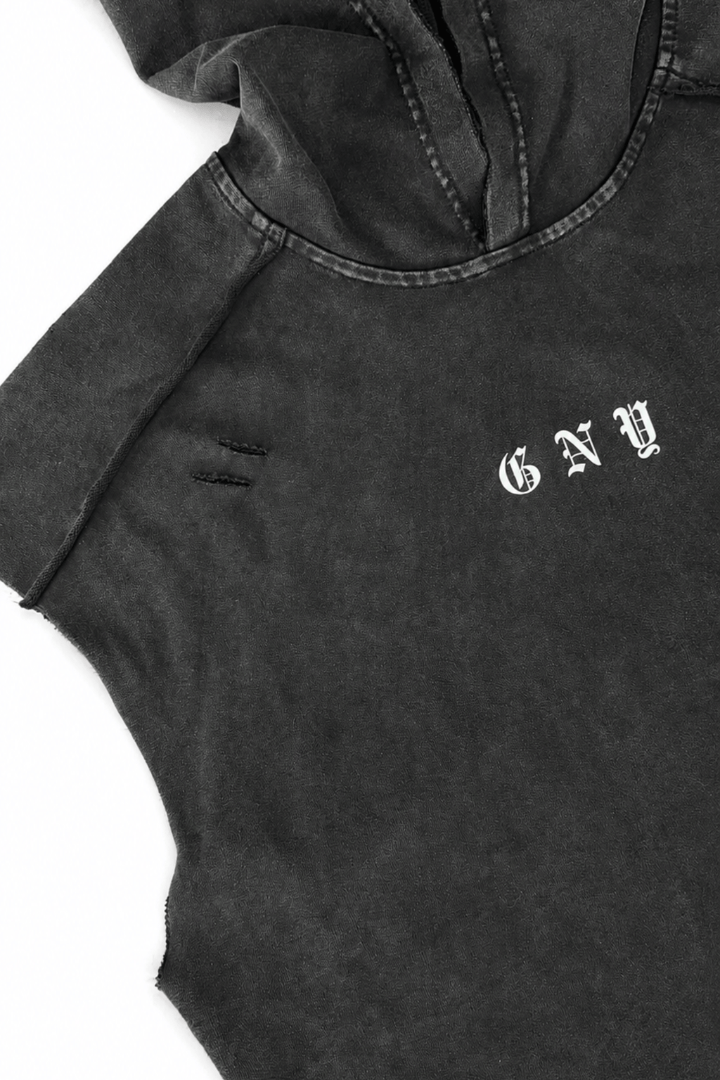 Men’s Washed Black Hooded Sleeveless Tank Weightless by Gerardo New York (GNY) Close Up Front Right Distressed View