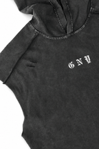 Men’s Washed Black Hooded Sleeveless Tank Weightless by Gerardo New York (GNY) Close Up Front Right Distressed View