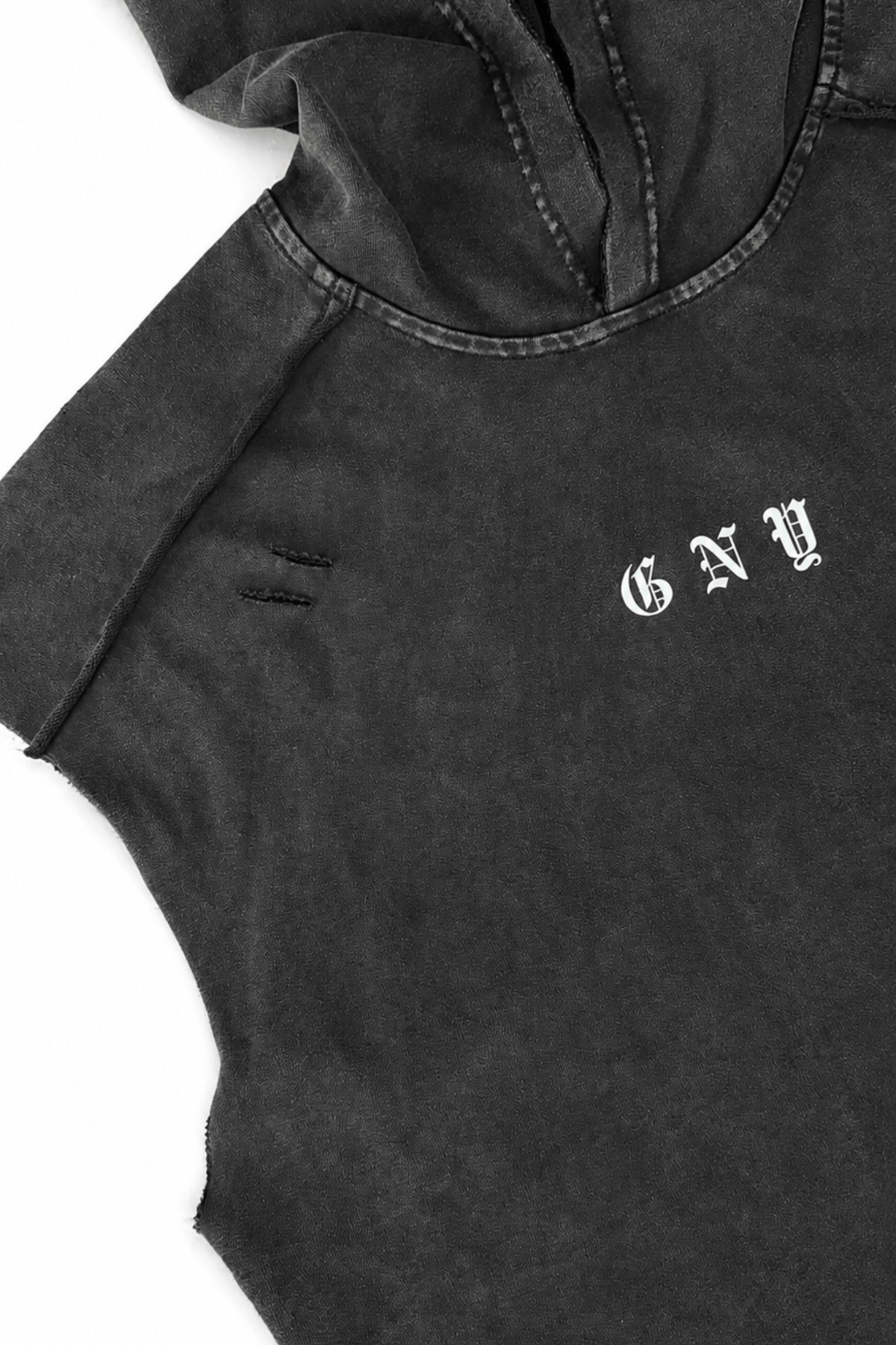Men’s Washed Black Hooded Sleeveless Tank Weightless by Gerardo New York (GNY) Close Up Front Right Distressed View