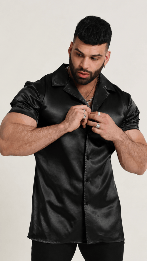 Men's Black Tailored Fit Satin Short Sleeve Dress Shirt Noir by Gerardo New York (GNY)