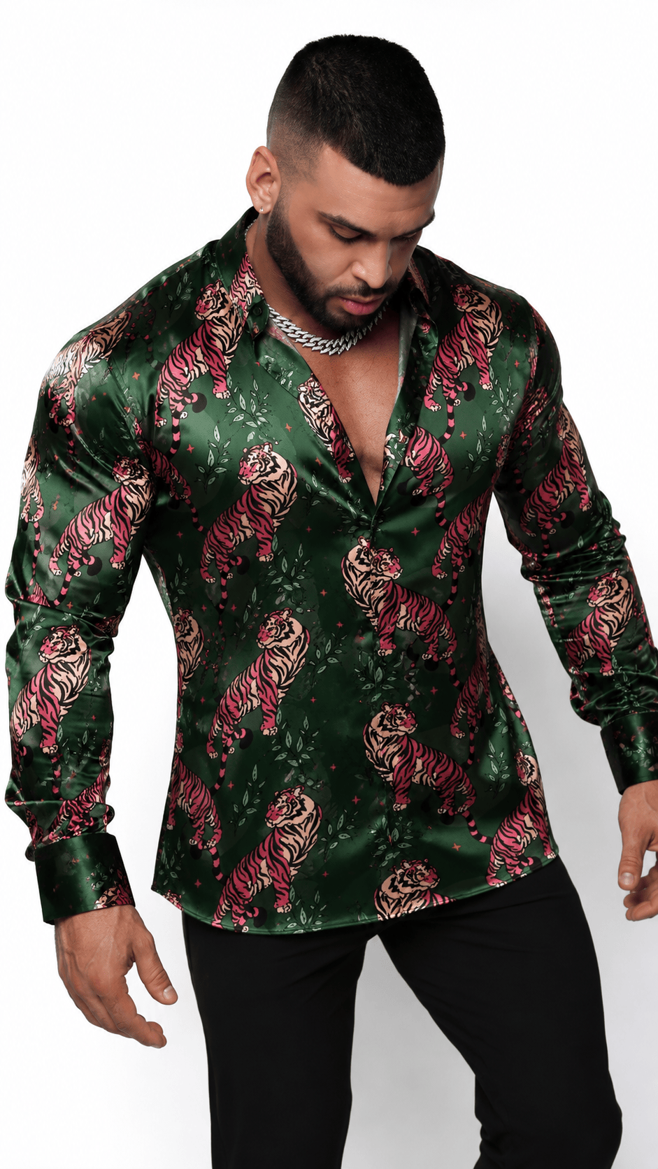 Men's Tiger Print Tailored Fit Satin Dress Shirt Soft Predator by Gerardo New York (GNY)
