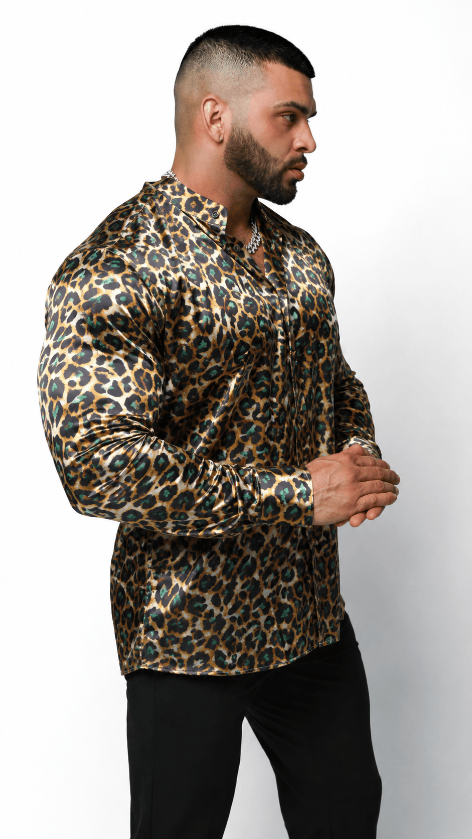 Men's Leopard Print Tailored Fit Dress Shirt- Viridian Leopard