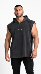 Men's Washed Black Sleeveless Tank With Hoodie - WEIGHTLESS