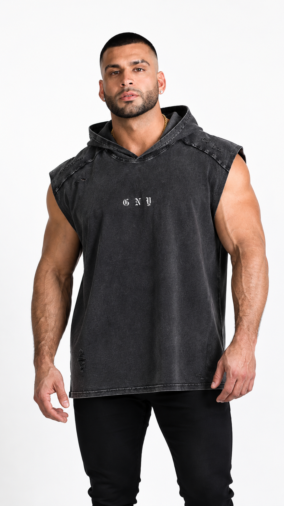 Men's Washed Black Sleeveless Tank With Hoodie - WEIGHTLESS